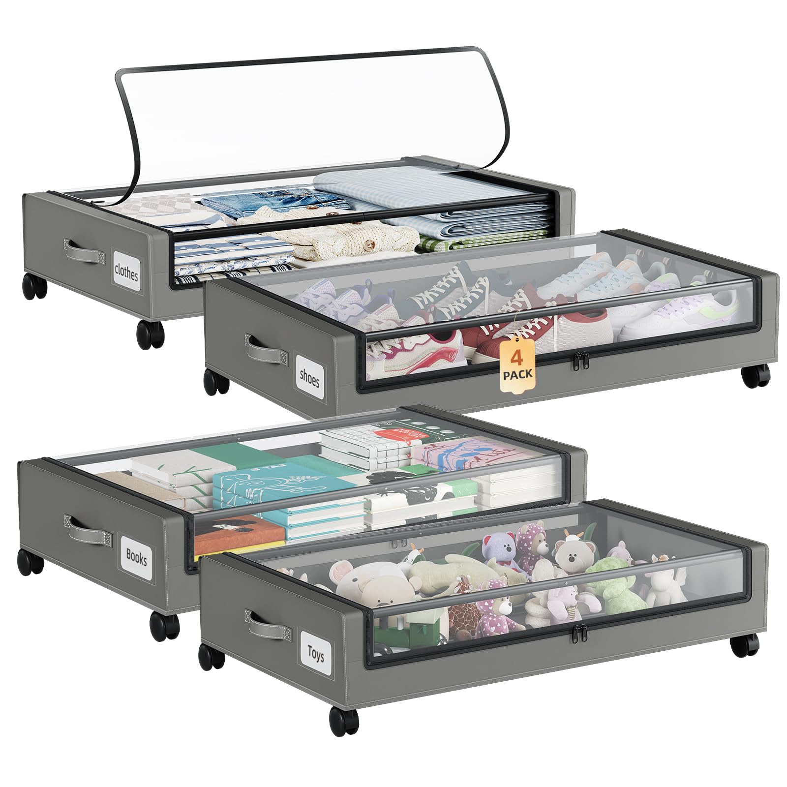 Somdot 48L Under Bed Storage Box, Large Capacity Under Bed Storage on wheels with Lid and Zip, Foldable Organiser for Clothes Bedding and Shoes, Charcoal Grey, 4 Pack