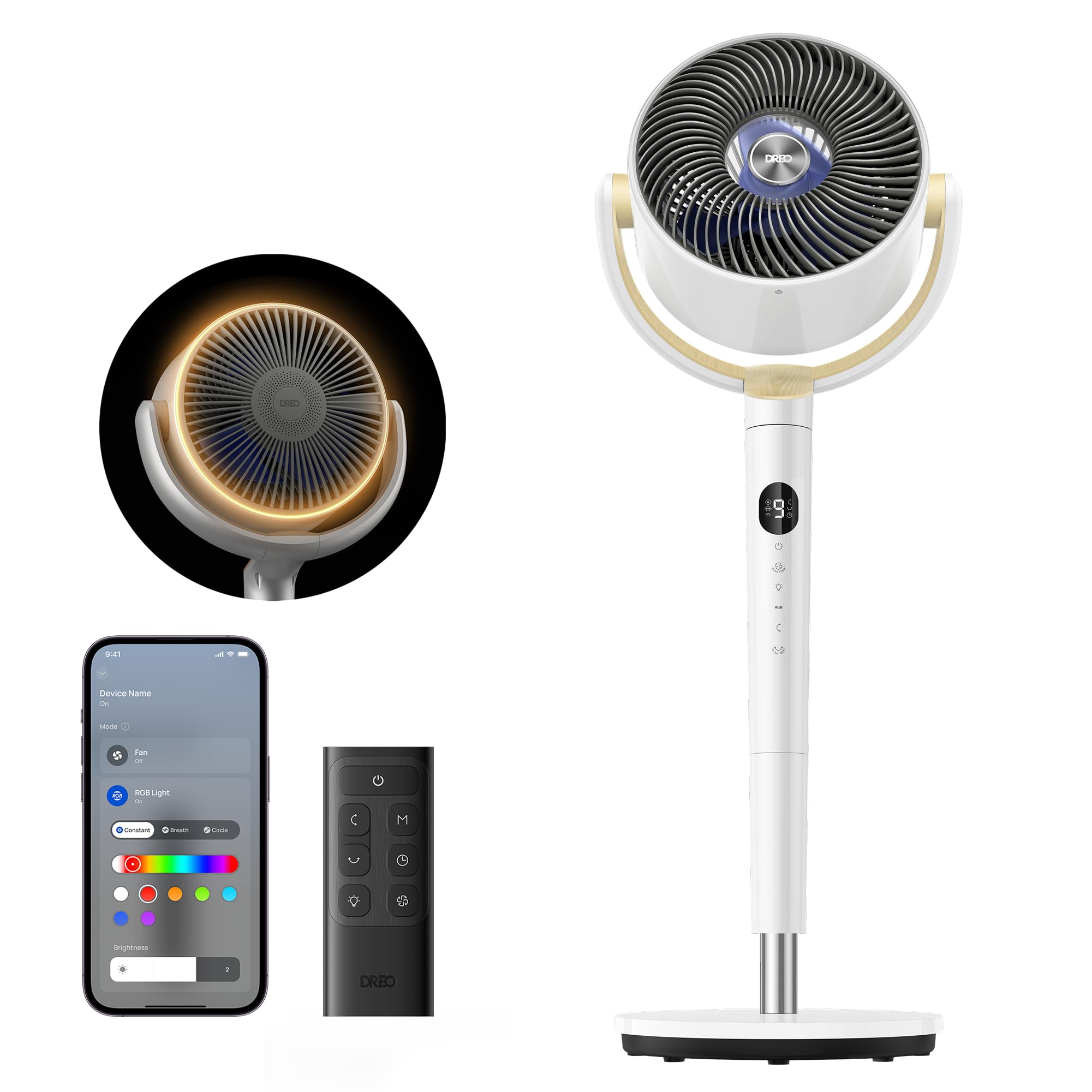 Dreo 40 Inch Smart Standing Fan, 20dB Silent Pedestal fans for Bedroom, 120°+120° Oscillating Quiet Cooling Fan, Wi-Fi/Voice Control, DC Motor, 9 Speeds, 6 Modes, 12H Timer, 90 ft Circulator,White