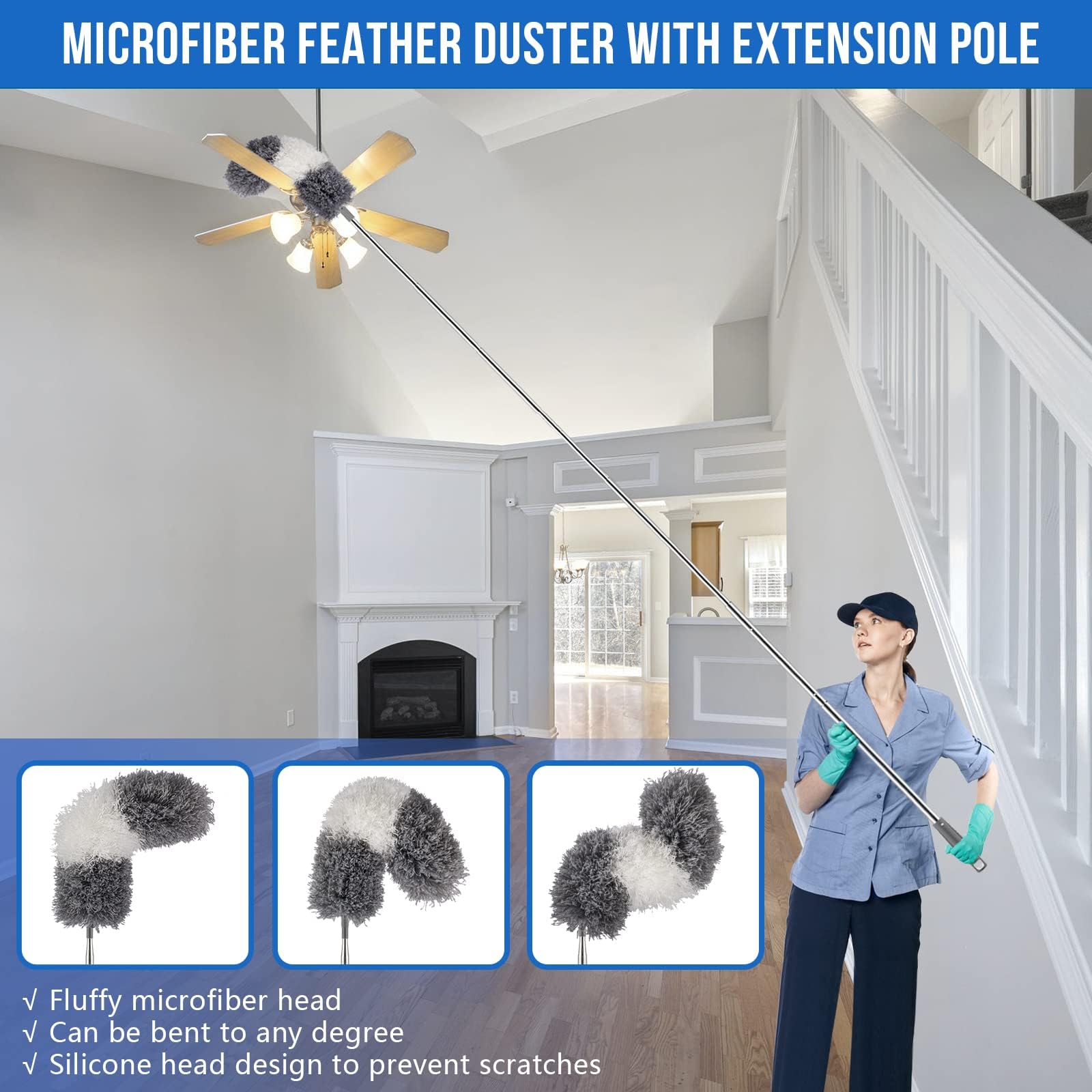 Dusters Cepillo de limpieza, limpiador retráctil de microfibra con barra de extensión, 76,2 cm a 254,4 cm, plumero plegable reutilizable, plumero para limpieza del ventilador