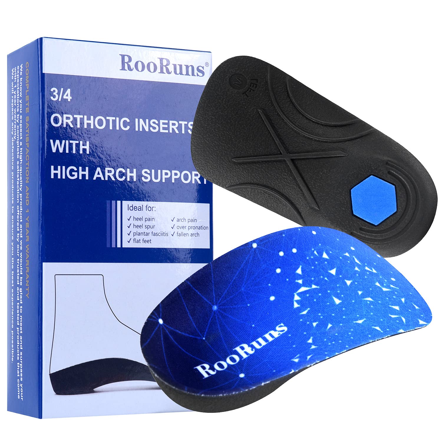 RooRunsOrthotic Inserts 3/4 Length, High Arch Support Foot Insoles for Over-Pronation Plantar Fasciitis Flat Feet Heel Pain Relief Shoe Inserts for Running Sports, M(Men 6.5-8.5/Women 7.5-9.5)
