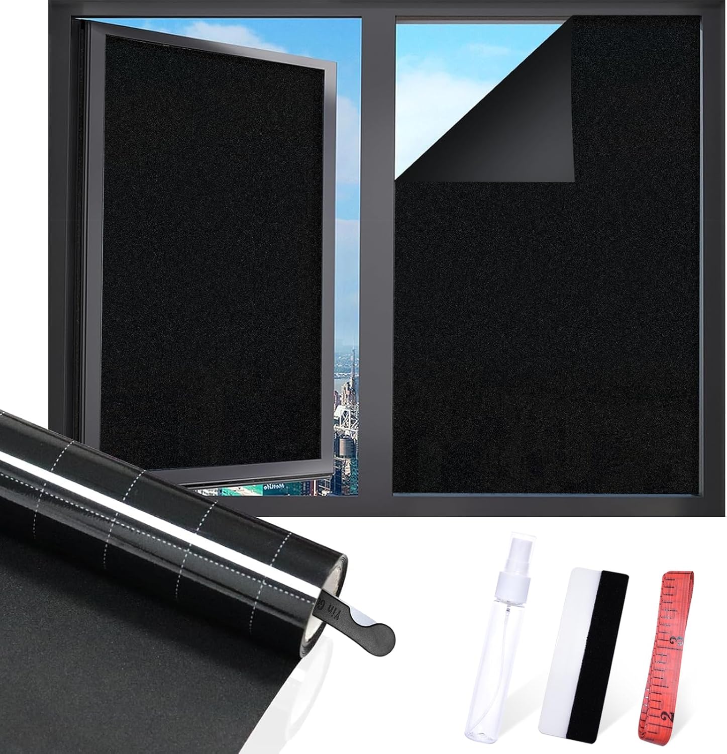 Window Film, Total Blackout Window Privacy Film, Blocks 100% of UV and Light Rays No Glue Black Window Tint for Home Office with Free Installation Tools, 29.5 Inch X 6.5 Feet, Black Frosted Black 29.5 Inch X 6.5 Feet