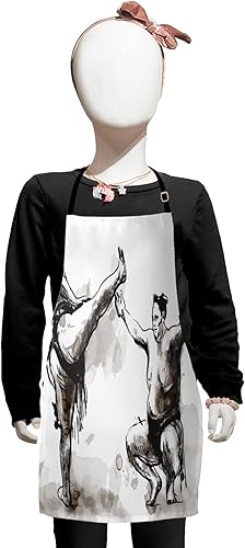 Lunarable Japan Apron, Sumo Martial Arts Theme in Hand Drawn Style Wrestlers Sportsmen Self Defence, Small Apron Bib with Adjustable Ties for Baking