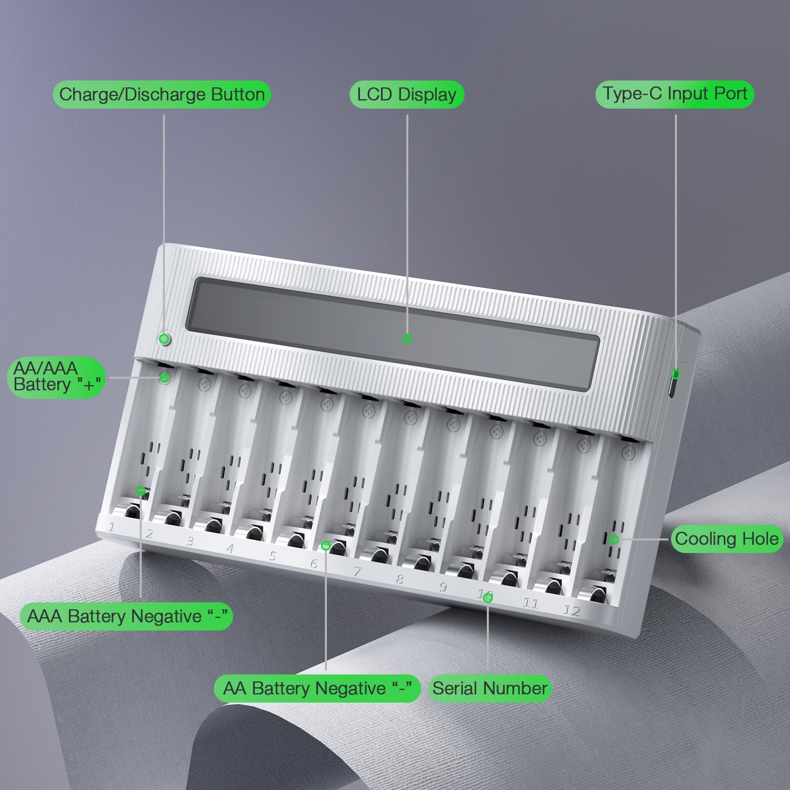EBL - AA AAA 12 Bay LCD Standalone Batterieladegerät für Ni-MH Ni-CD wiederaufladbare Batterien mit Entladefunktion