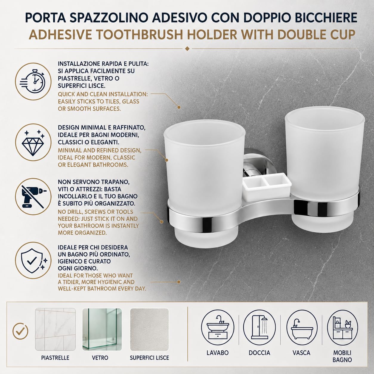 IPEA Samoprzylepny uchwyt na szczoteczkę do zębów z podwójną szklanką - bez wiercenia - nowoczesny design - stylowy uchwyt na szczoteczki do zębów i pastę do zębów na ścianę przyklejanie w łazience
