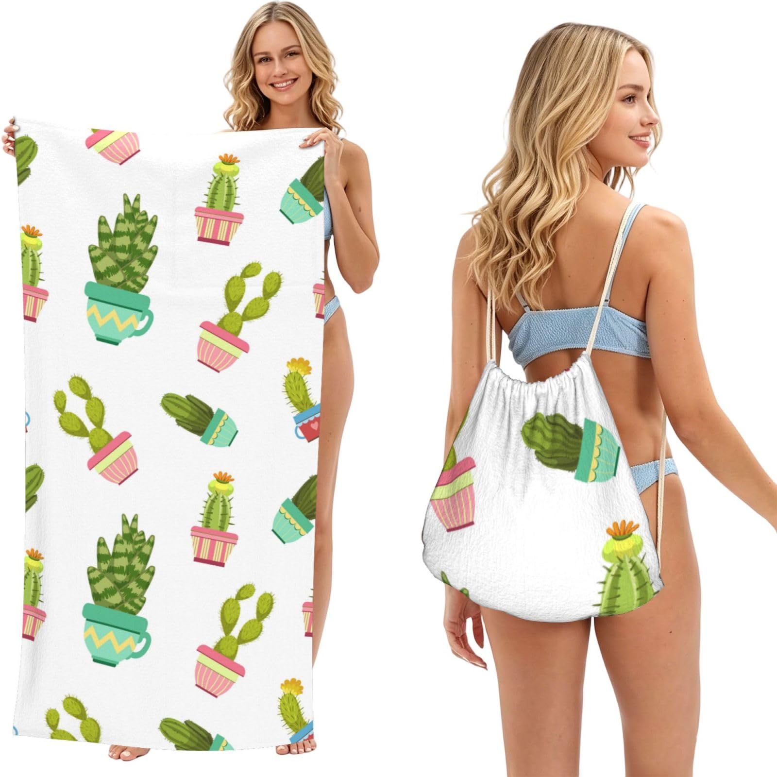 Poadnly As Picture Cactuses Succulents In Flower Pots, 2 In 1 Packable Towel Bag, Beach Towels With Drawstring Backpack For Travel Holiday Camping