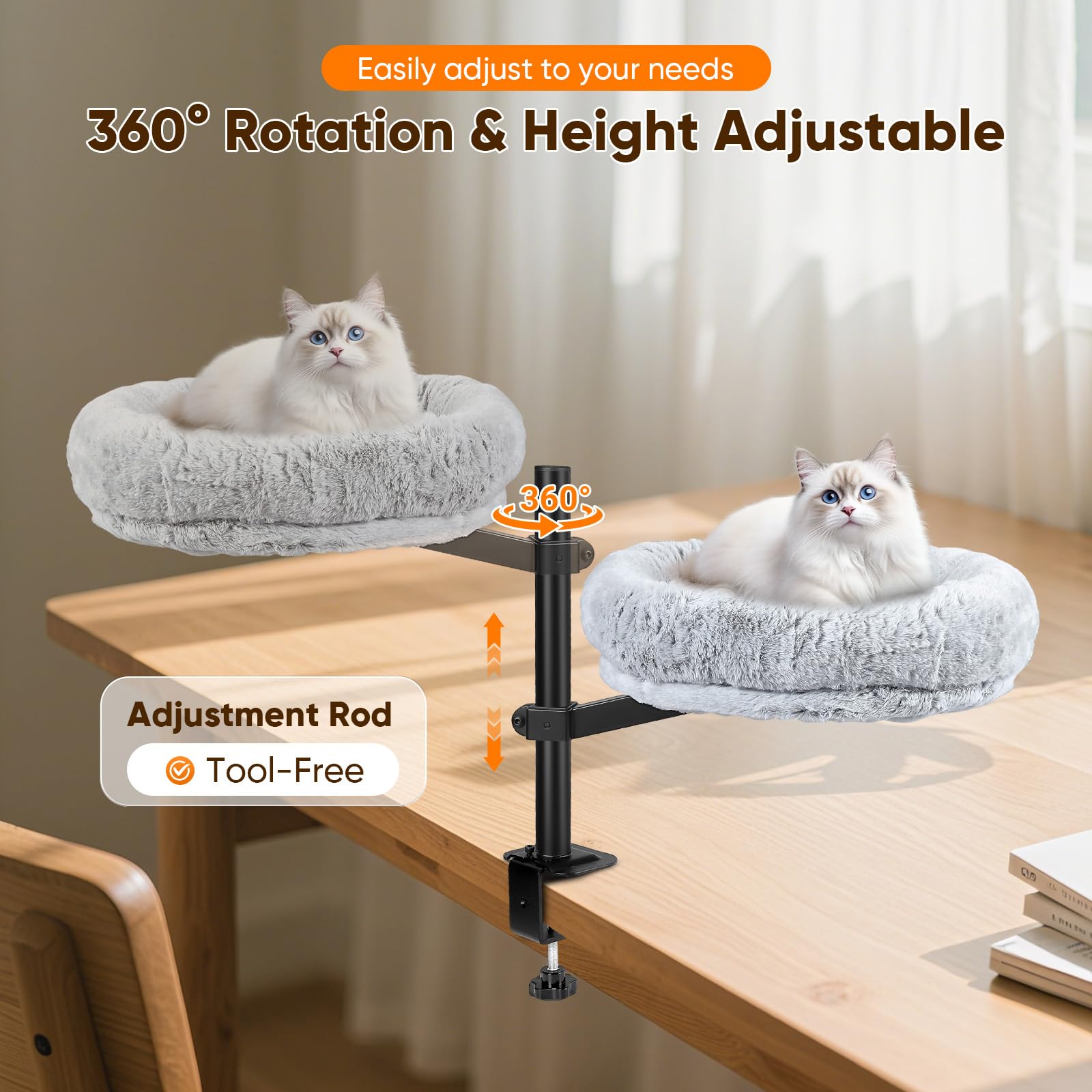 Lit bureau pour chat, Hamac chat pivotant à 360° et réglable en hauteur