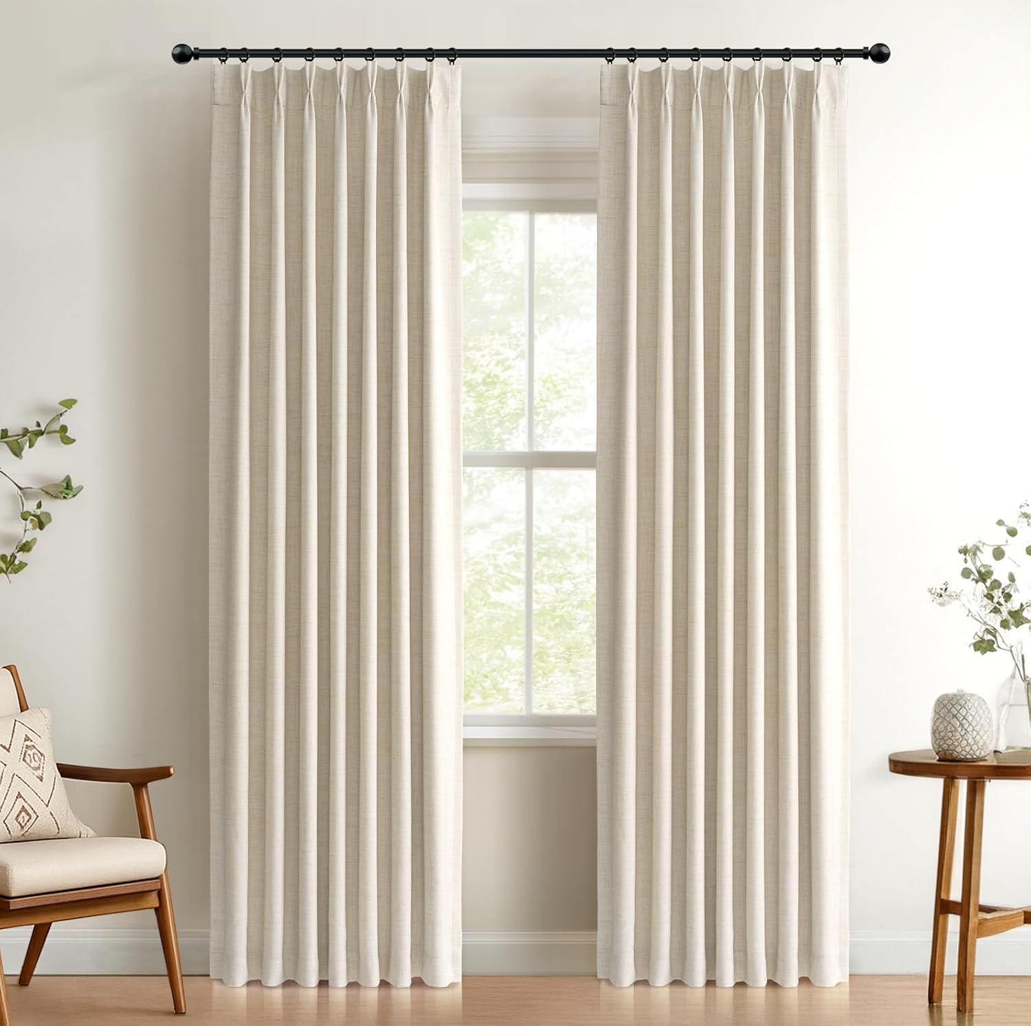 100% Blackout Shield Polyester Pinch Pleated Curtains Blackout, Pleated Drapes with Hooks 96 Inch Long 2 Panels Set, Polyester Blackout Curtains for Bedroom & Living Room, 40" W x 96" L, Cream