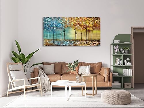 Miniatura 3 de Cao Gen Decor Art A63450 - Lienzo decorativo para pared, árboles abstractos, 1 panel, azul y amarillo, cuadros abstractos de bosque, estirados y