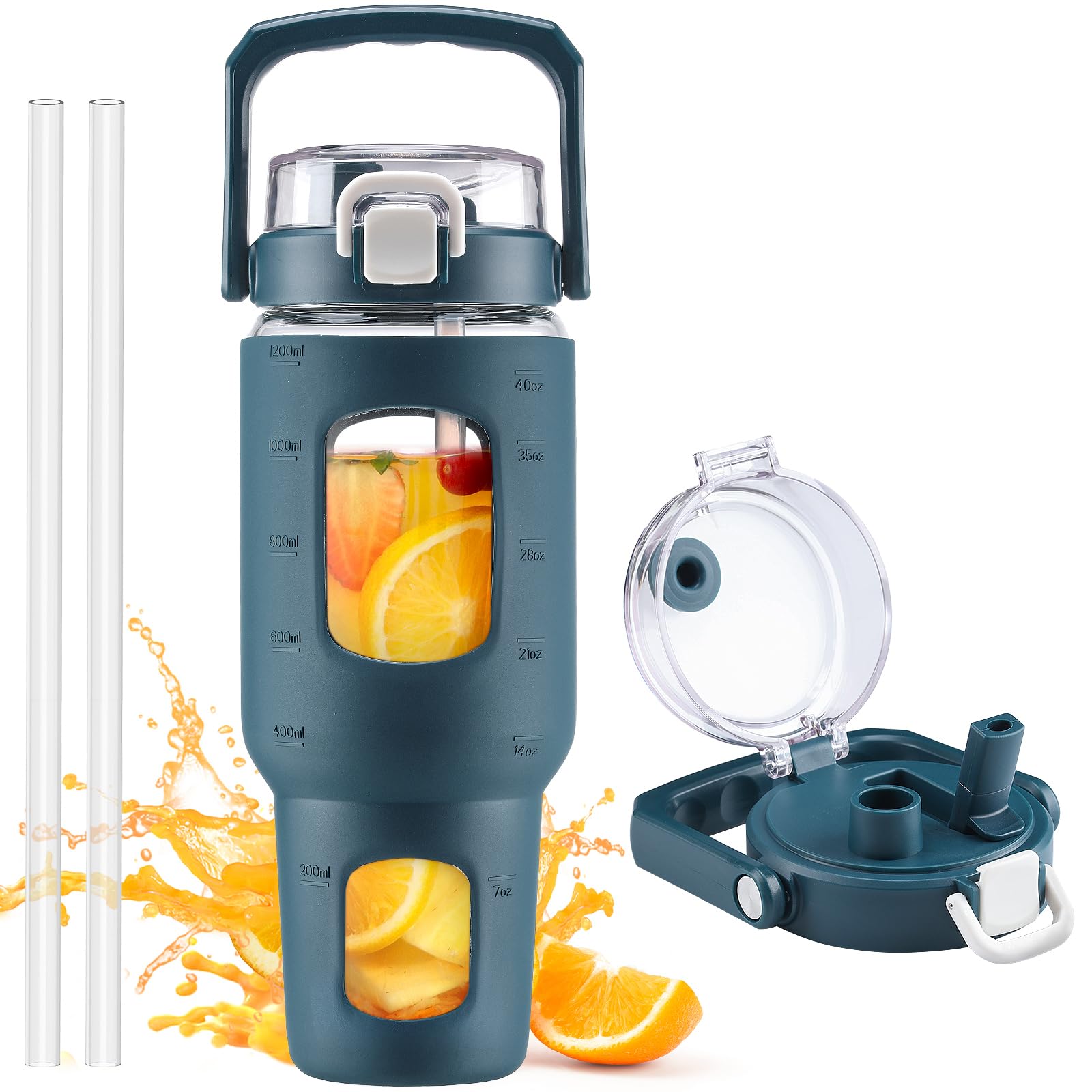 BLUEGO 40oz Glass Tumbler with Lid and Straw, Glass Water Bottles with Handle, Glass Cup with Time Marker and Silicone Sleeve, Fits Most Cup Holder, Leak-proof, Dark Blue