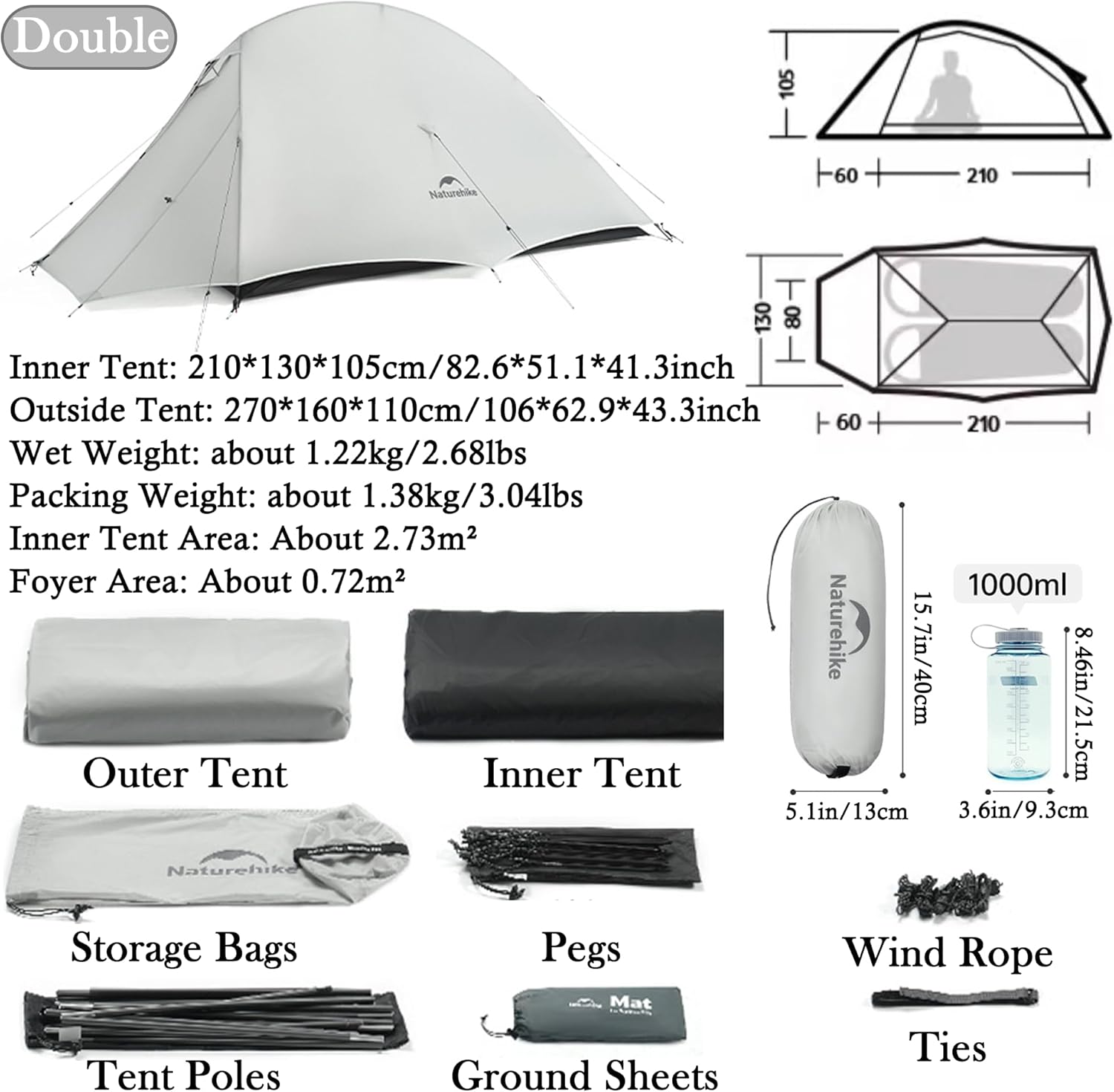 Naturehike 1-2 People Cloud up UL Tent, Rainproof PU1500mm & Windproof Upgrade Ultralight Tents, for Cycle Camping,Backpacking,Hiking,Self-Standing, Construction
