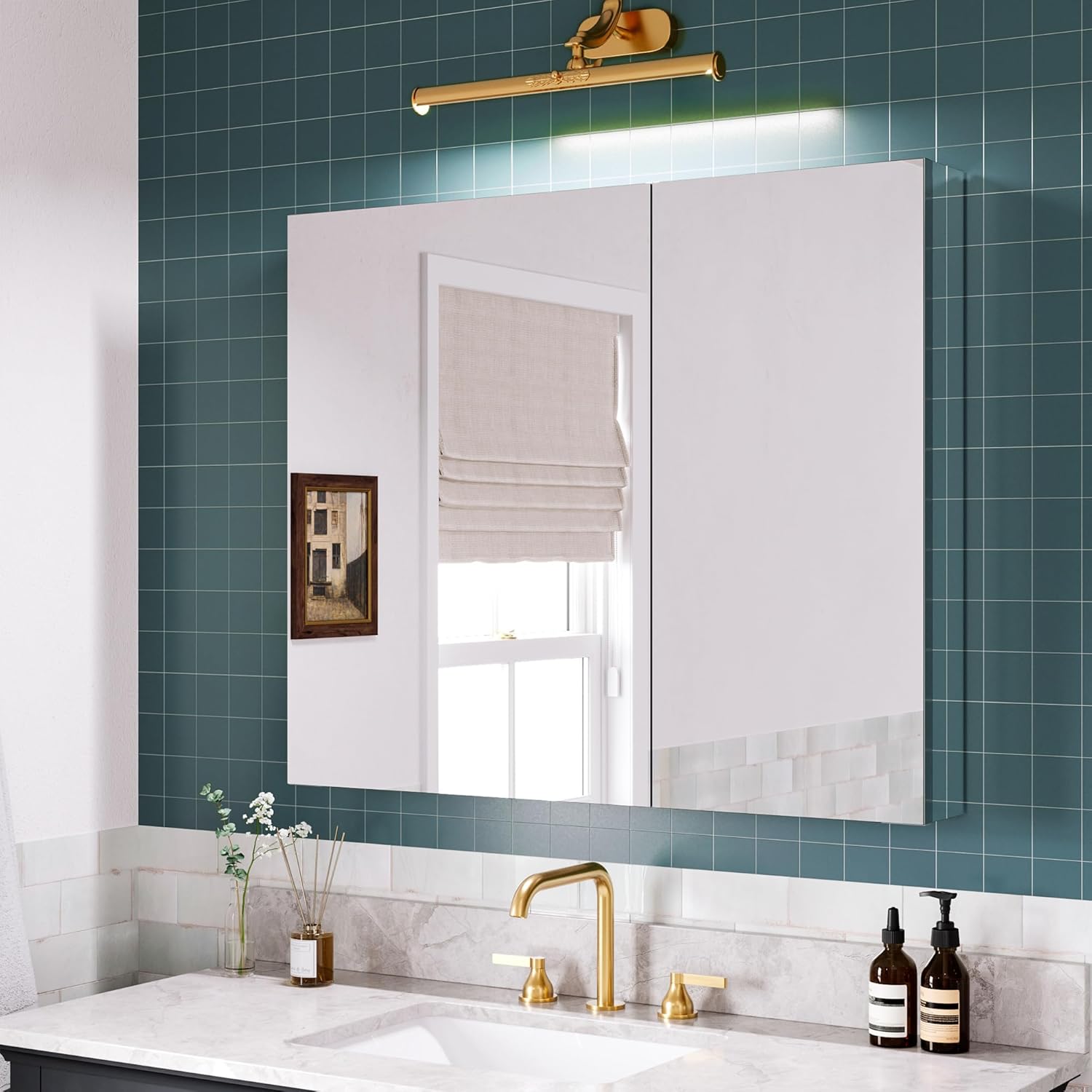 Casaphoria 36" W ×30" H Medicine Cabinet Mirror, Bathroom Wall Mirror Cabinet with Storage with Adjustable Glass Shelves, Recessed/Surface Mount, Blum Hinge, Dual Swing