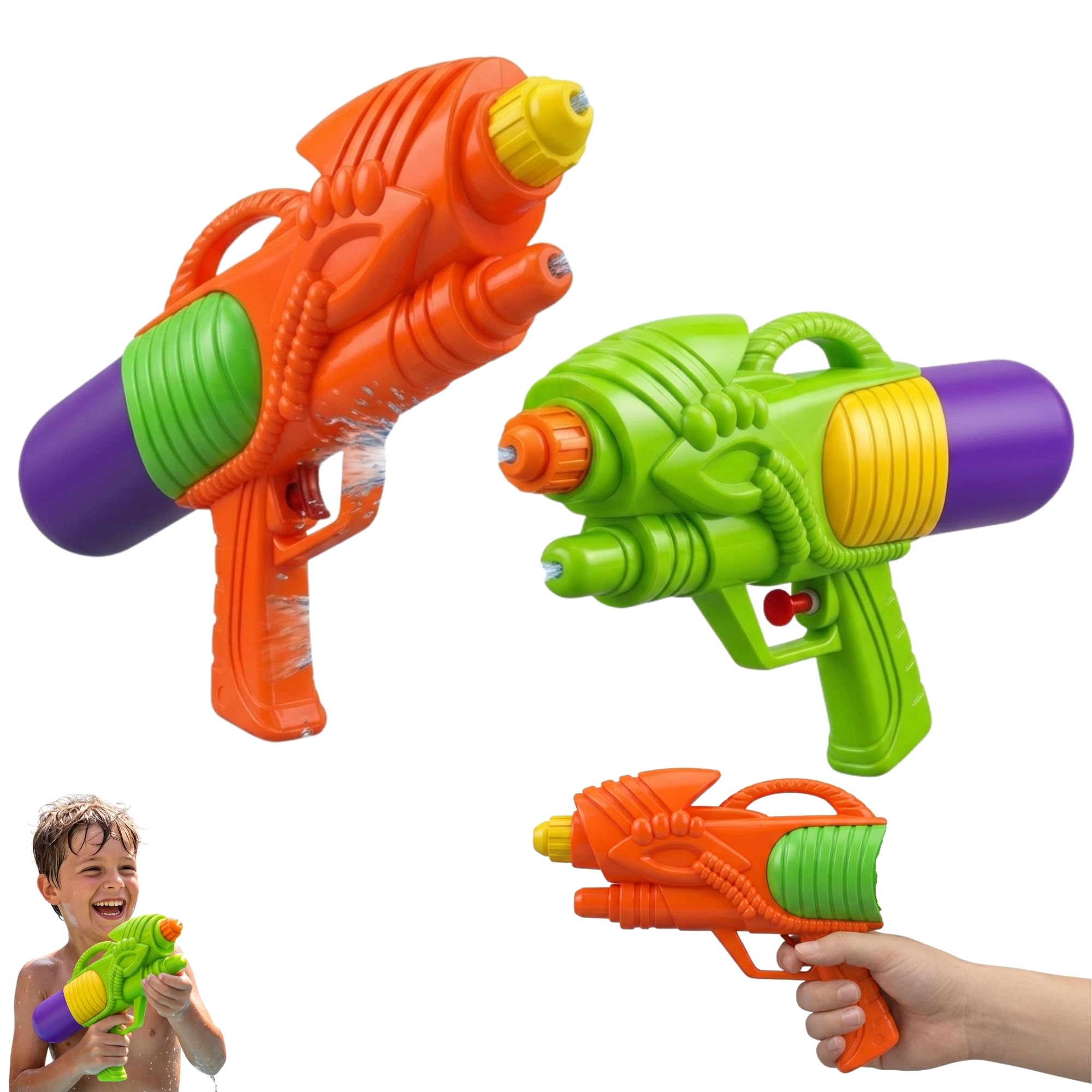 2 Pack Water Blaster Guns for Kids, Orange & Green Water Pistols, Shotting Range 7M Summer Outdoor Toys for Beach, Garden, Pool & Holiday Fun Size-29cm