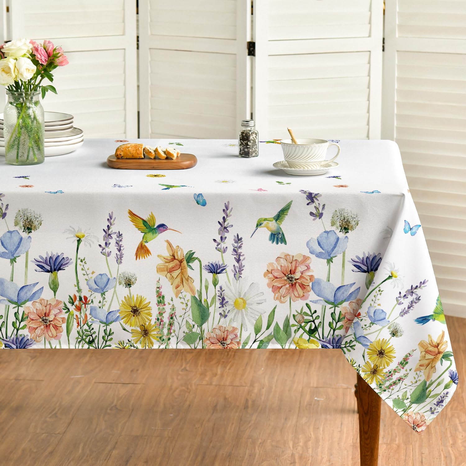 HoraldailySpring Tablecloth 52×70 Inch, Floral Flowers Butterfly Birds Washable Table Cover for Party Picnic Dinner Decor
