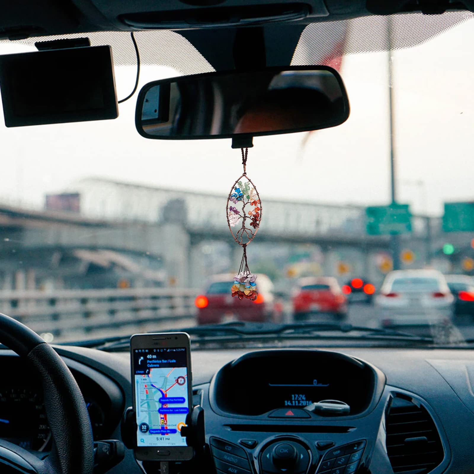 Pendentif Arbre De Vie COBEE Pour Rétroviseur - Pierres 7 Chakras Déco Voiture/Intérieur