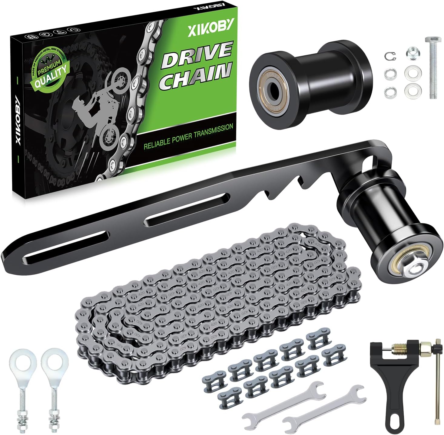 Mini Bike Chain Tensioner Adjuster Bracket & 420 Chain 132 Links Compatible with Coleman CT200U BT200X CT200U-EX Predator 212cc 196cc 6.5HP Mini Bike Parts with Master Link 8mm Chain Roller