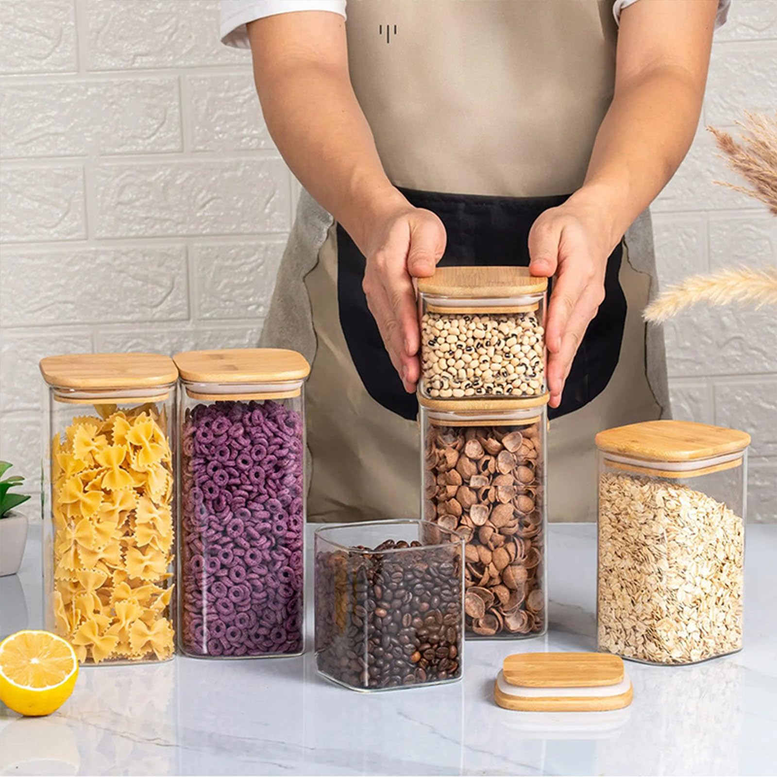 Lot de 2 Bocaux de Conservation en Verre Transparent avec Couvercles en Bambou pour Nouilles,Pâtes,Farine,Riz, Haricots,Céréales,2500 ml