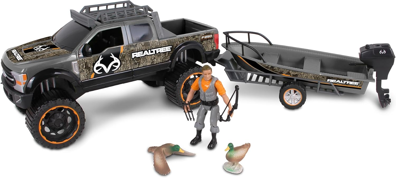 NKOK Realtree 1/18 Scale Free-Wheel Playsets 10-PC Set, RT Ford F-250 Super Duty Fishing Boat on Trailer & Accessories playset (Roof Rack, Hunter, 2 Ducks, Bow&Arrows), Multi, (21844)