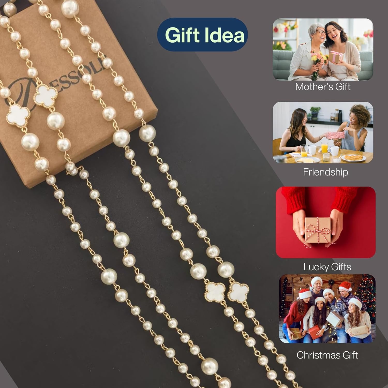 Multi-Strand Long Layered Simulated Pearl Necklace for Women, 14K Gold Plated Clover Necklace Jewelry Gift for Her - Image 4