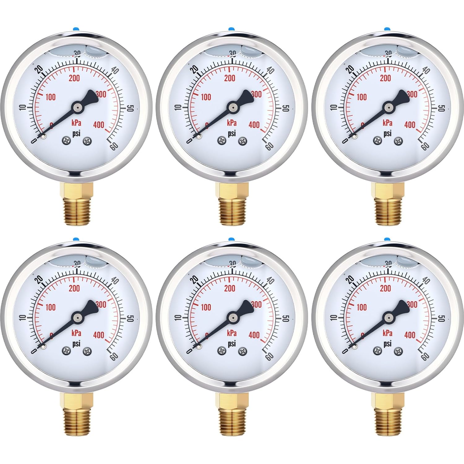 6 Pcs 0-60 Psi Glycerin Liquid Filled Pressure Gauge 2.5'' Dial Liquid Filled Gauge 1/4" Npt Brass Lower Mount with Stainless Steel Case Ip67 Waterproof for Water Oil Air Pressure Test