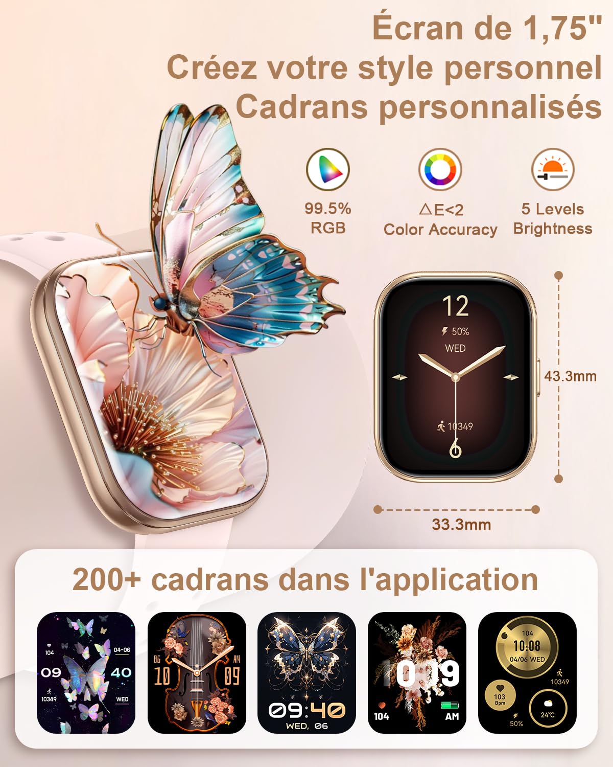Montre Connectée Femme avec 4 Bracelets Appel Bluetooth 1.75" Smartwatch Femme pour iPhone Android Fonction Féminine Podomètre Fréquence Cardiaque Sommeil SpO2 100+ Sport Montre Intelligente, Or rose