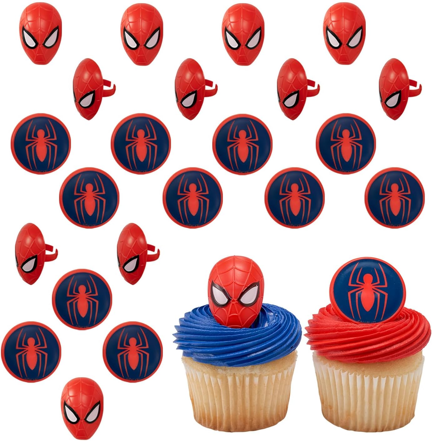 Marvel's Spider-Man™ Spider and Mask Rings, Spider-Man Cupcake Decorations, Red and Blue Food Safe Cake Toppers – 24 Pack