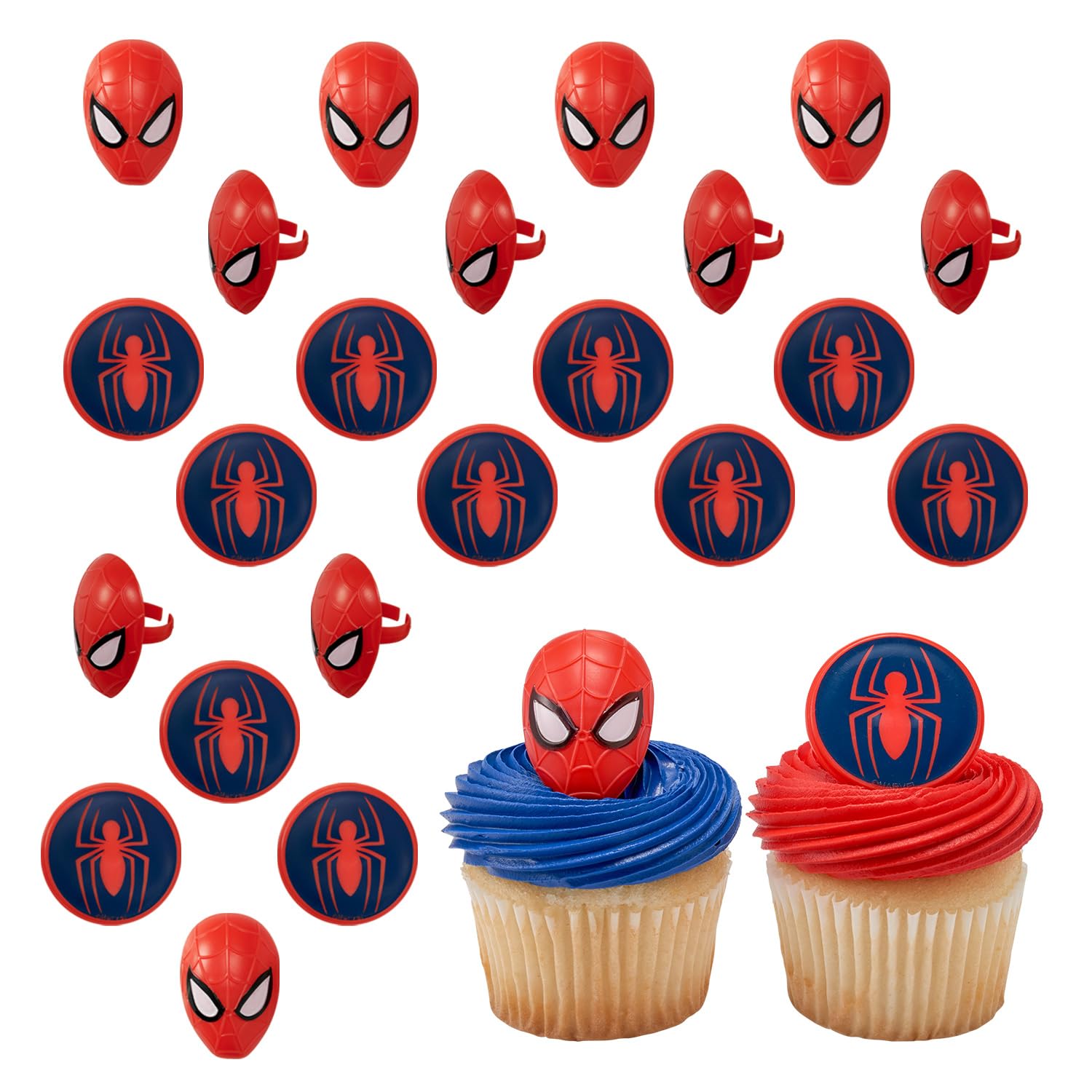 DecoPac Marvel's Spider-Man™ Spider and Mask Rings, Spider-Man Cupcake Decorations, Red and Blue Food Safe Cake Toppers – 24 Pack