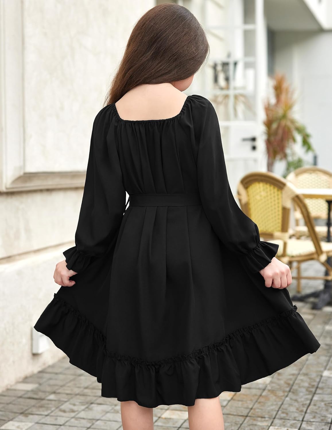 Arshiner Girls Long Sleeve Dresses Fall Party Formal Holiday Swing Flowy Ruffle Midi Dress - Image 5