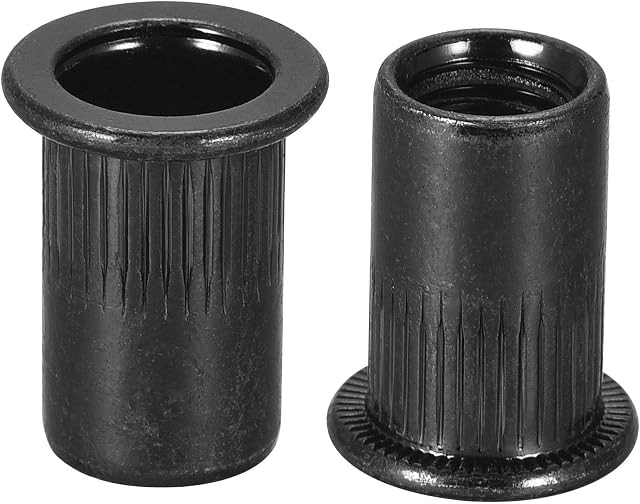 sourcing map M8 Rivet Nuts Carbon Steel Zinc-Plated Knurled Flat Head Threaded Insert Nut Black 20Pcs