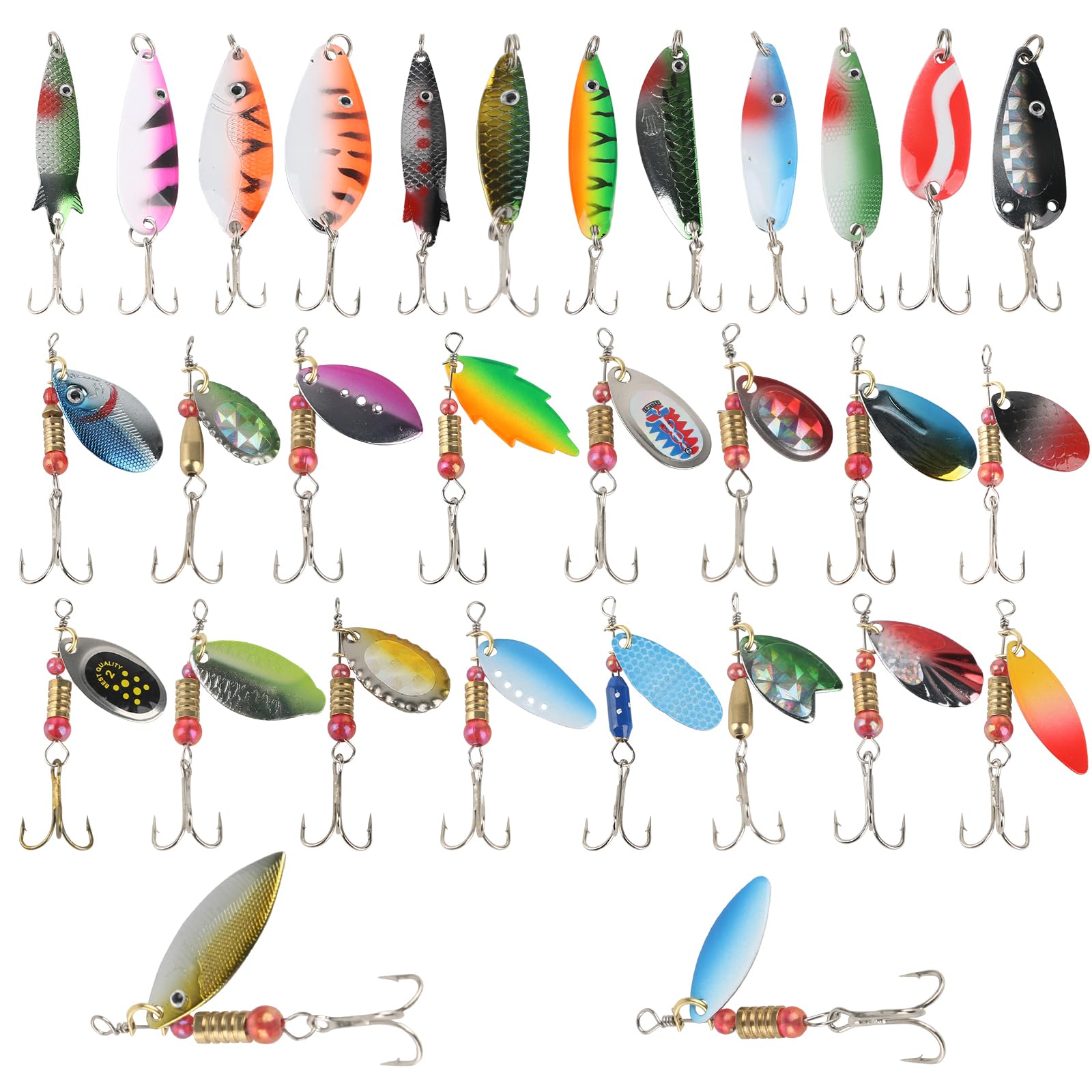 30pcs Spinner Baits Fishing Lures with Storage Tackle Box Spinnerbaits Hard Metal Spoon Fishing Lures Kit with Treble Hook for Bass Trout Perch Salmon