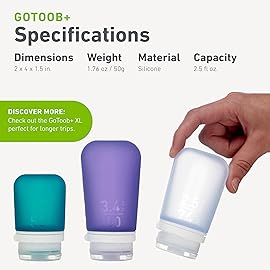 humangear GoToob+ 3-Pack (Medium) | Refillable Silicone Travel Bottle | Locking Lid | Food-Safe Material, Clear/Purple/Teal, Medium (2.5 fl.oz.; 74ml)