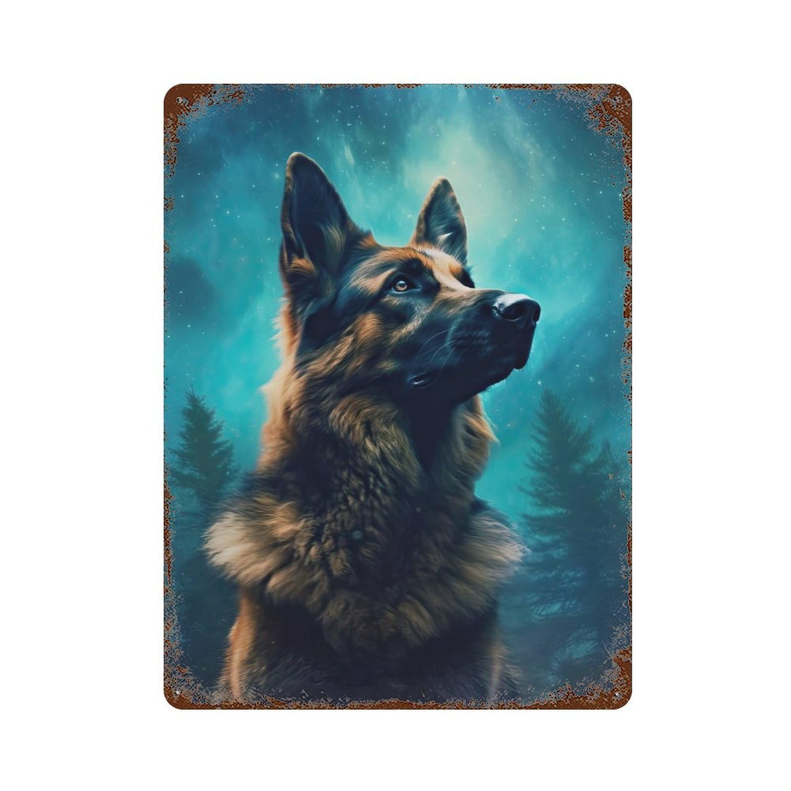 Rust Effect German Shepherd Aurora Aged Metal Wall Plaque 15.7"x11.8", Rustic Home Decor for Bistro, Counter And Cafe Decor