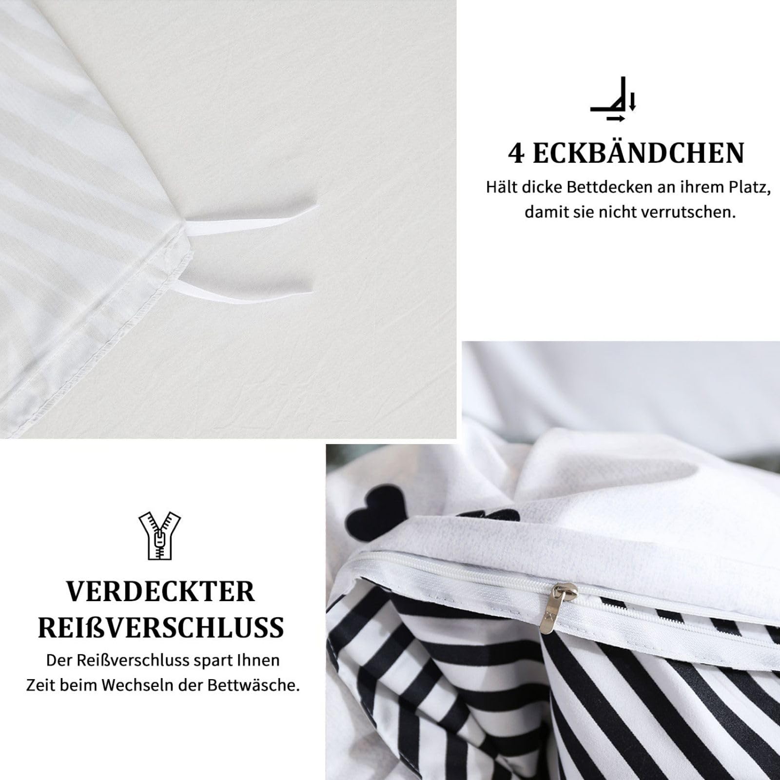 Freyamy Bettwäsche 135x200cm 4teilig Weiß Schwarz Herz Bettwaren-Sets Gebürstet Microfaser Weiche Wendebettwäsche Bequem Bettbezug 2 Bettdeckenbezüge mit Reißverschluss und 2 Kissenbezug 80x80cm