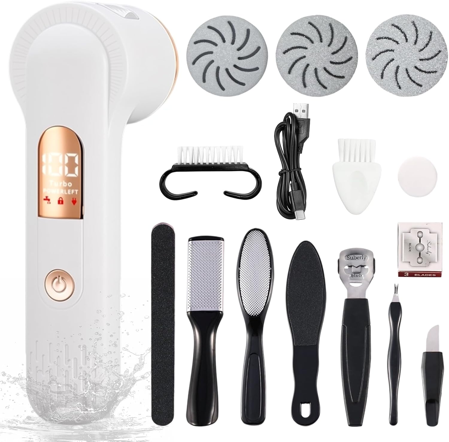 Electric Foot Scrubber File Callus Remover with Absorb Function, Waterproof Foot Grinder Cracked Dry Dead Skin Removal for Feet Care, 3 Rollers, 2 Speed, Battery Display