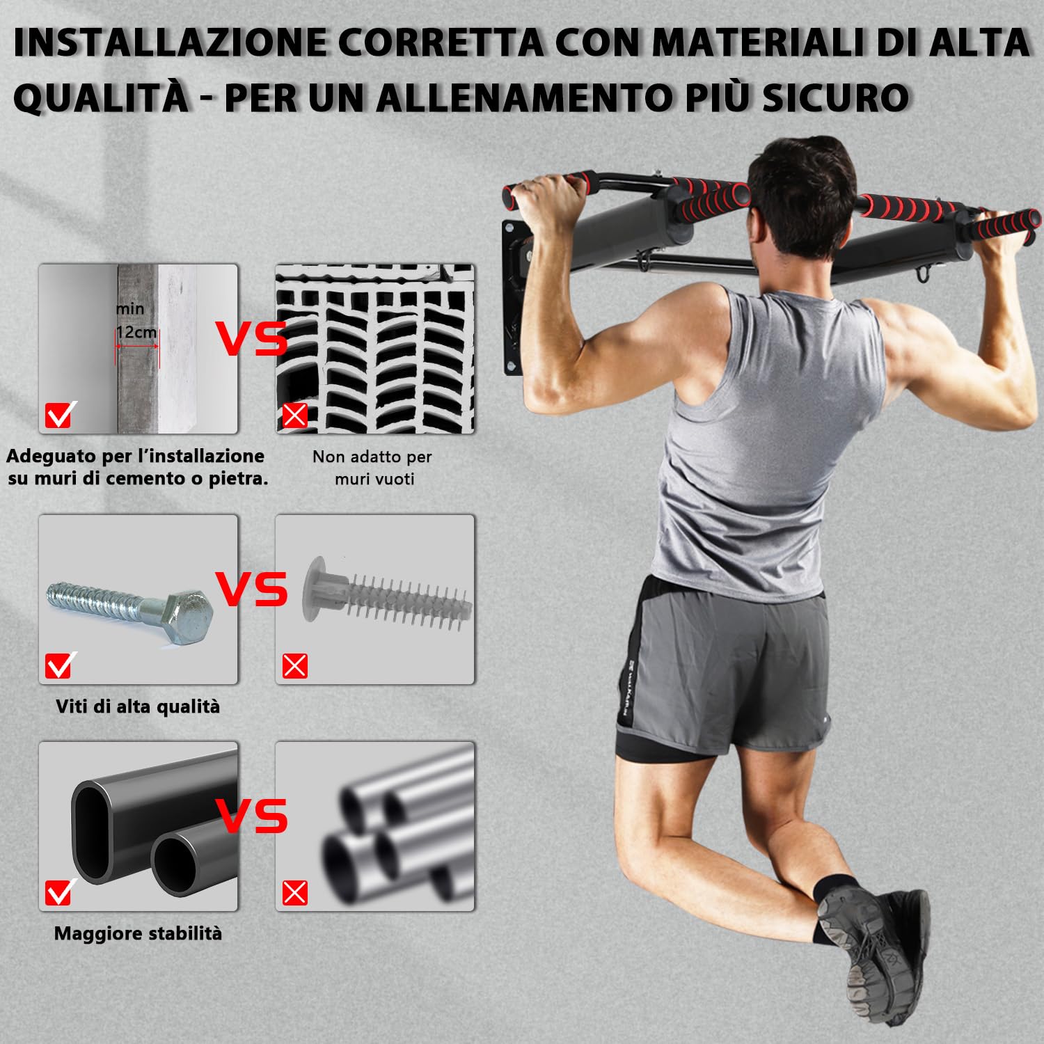 Sbarra Trazioni a Muro Fino a 250KG, Barra per Trazioni con Impugnature Antiscivole, Pull Up Bar Multifunzionale per Casa, NV-166