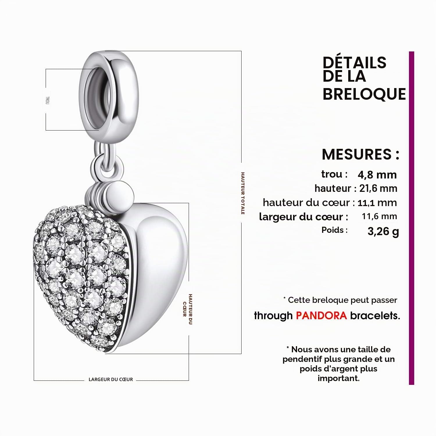 NINGAN “I Love You” Amour Cœur Perles Charms Argent Sterling 925 Breloque Bead Compatible pour Européen Bracelets