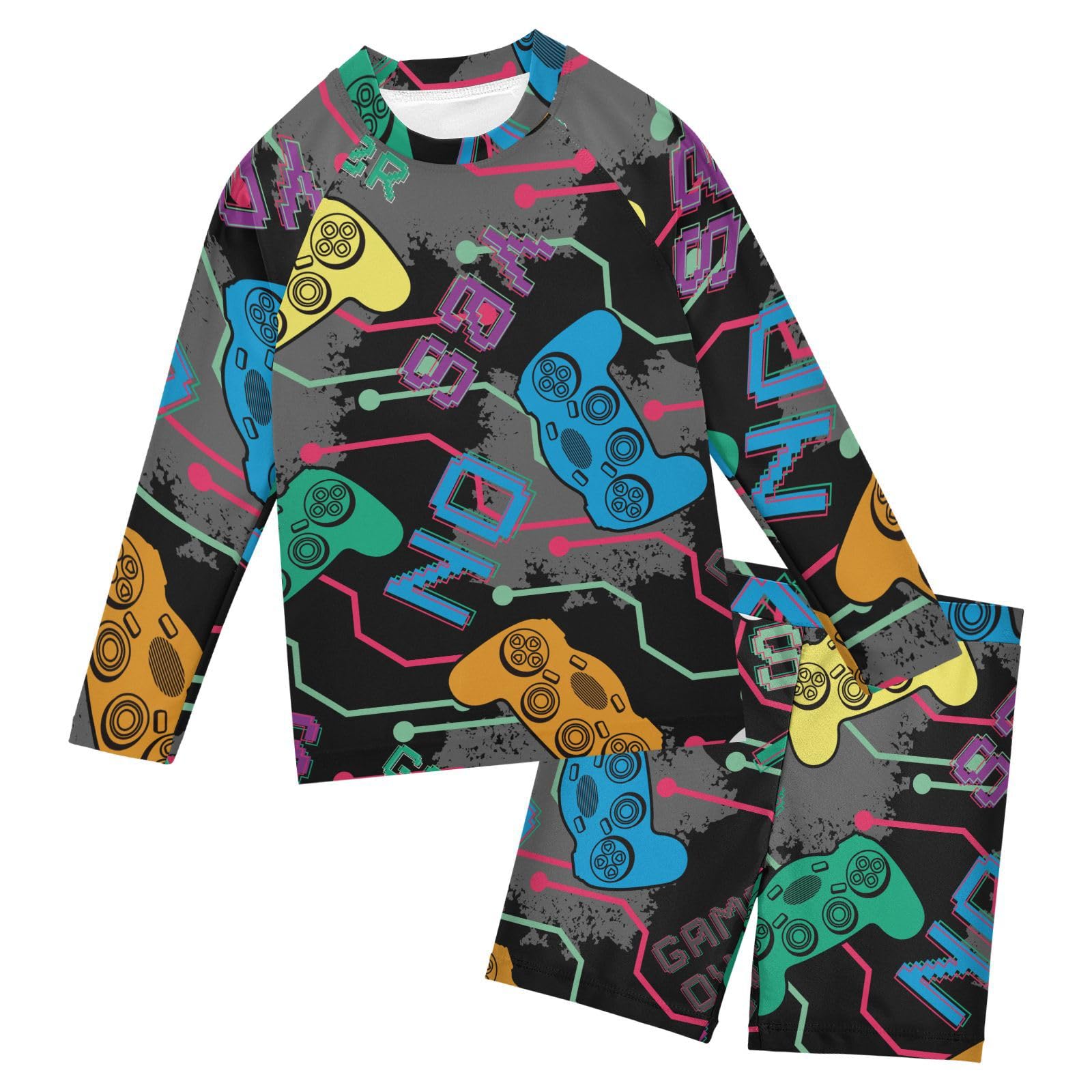 Aflyko Boys Girls Rash Guard Set Rock Game Joystick Swim Outfit Pollover Bathing Suit Fishing Sun Shirt Quick Dry Swimming Surfing Shorts, 9-10T Multicoloured