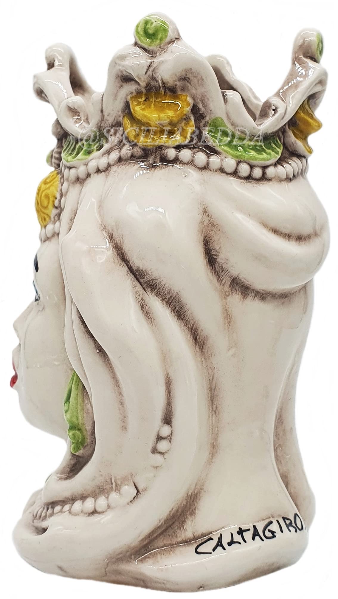 sicilia bedda - Coppia Teste di Moro Siciliane in Ceramica di Caltagirone - Realizzato Interamente a Mano - H 13 Centimetri (Giallo e Verde)