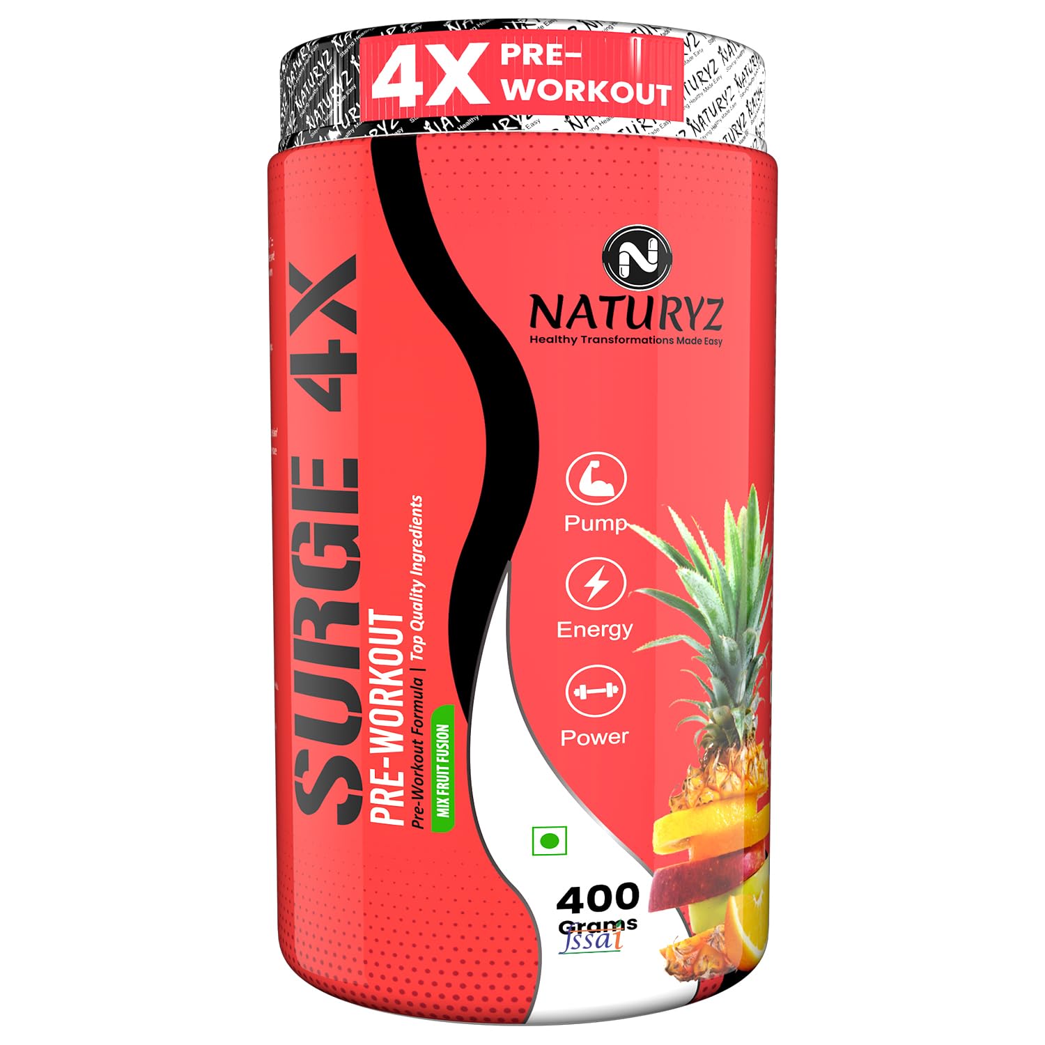 Naturyz Surge 4X Pre Workout, 400g Powder (Mix fruit fusion flavour) with 4000mg Beta-Alanine, 3500mg L- Citrulline,Creatine,L- Arginine & Aminos