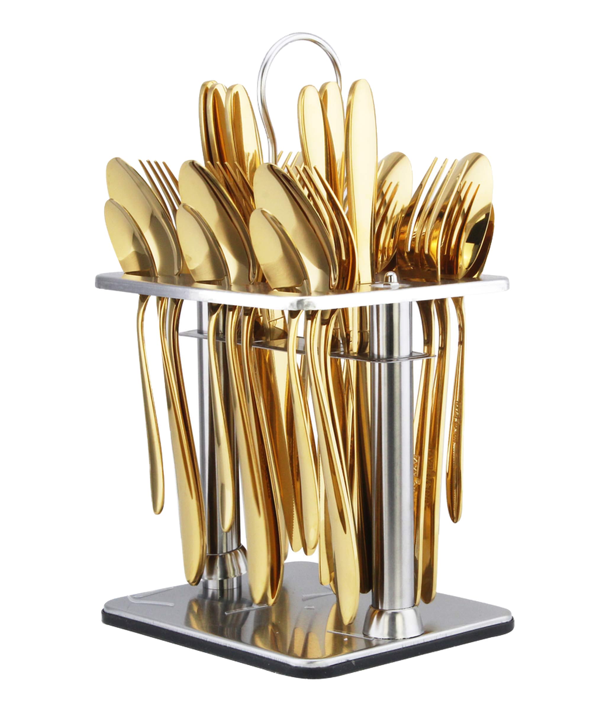 Berger 24 piece silverware flatware cutlery set with square stand, stainless steel includes 6 knife, 6 fork, 6 tea spoon, 6 dinner spoon, mirror polished, dishwasher safe