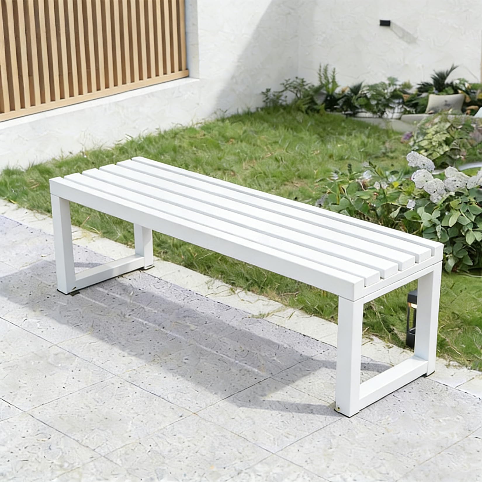 Panchina da Giardino in Ferro,Panca da Giardino,Panca da Pranzo per 2-3 Persone con Seduta a Doghe 100×40×45cm Bianco Seduta Doghe in Legno Naturale,da Esterno,Balcone o Terrazzo