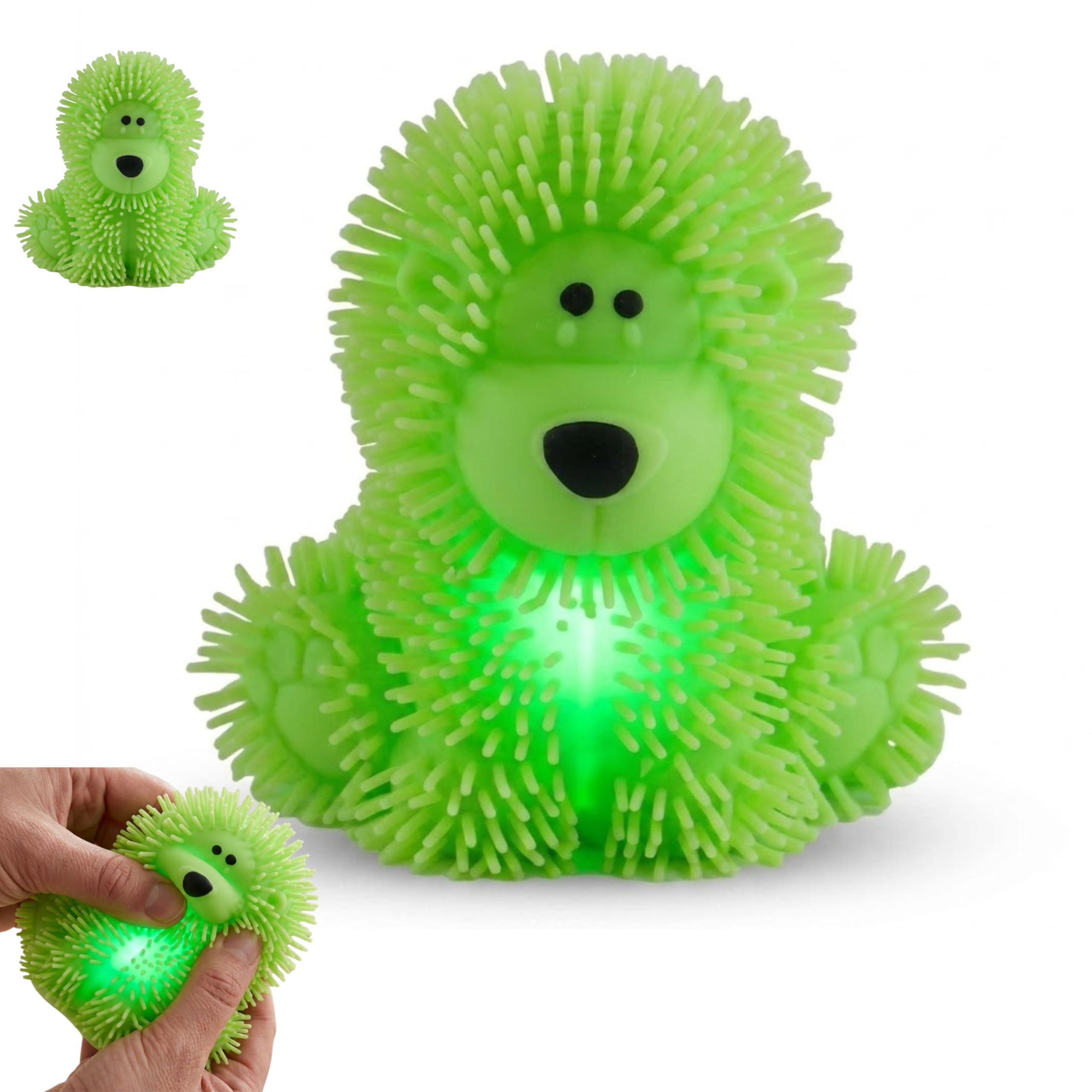 Light Up Green Poochie the Poodle Toy, 7.5cm Soft Spikey Stress Ball for Kids, Stretchy Sensory Puffer Toy, Jiggly Squeeze Ball, Party Bag Filler & Birthday Favour