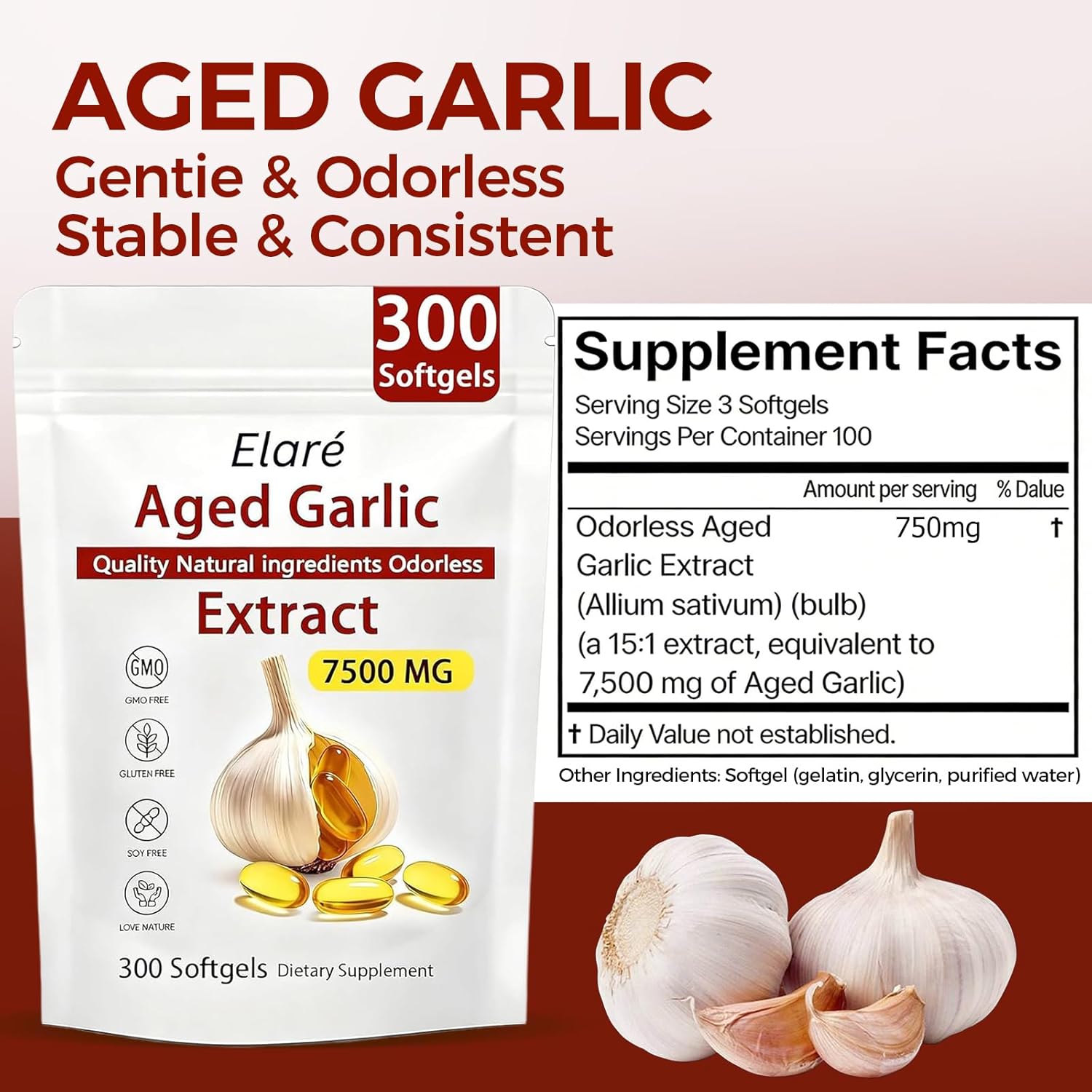 ELARE Aged Garlic Extract Capsules, Odorless Garlic 15:1 Extract Formula - 600 Count, Garlic Supplement, 2-Year Matured - for Heart & Immune Support, Non-GMO, Gluten-Free