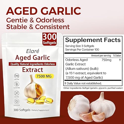 Elare Cápsulas de extracto de ajo envejecido de 7500 mg sin olor, 600 unidades, suplemento de ajo, 2 años de maduración, para apoyo cardíaco e