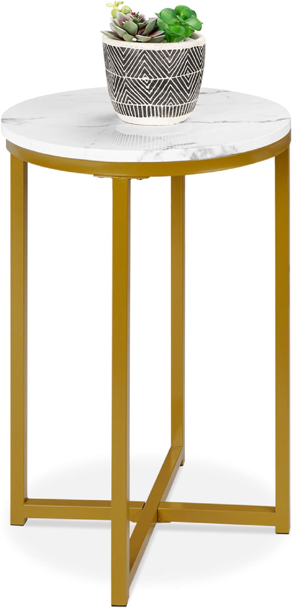 Best Choice Products 16in Faux Marble Accent Table, Modern End Table, Small Coffee Table Home Decor for Living Room, Dining Room, Tea, Coffee w/Metal Frame, Foot Caps, Designer - White/Bronze Gold