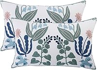 Tosleo Embroidered Pillow Covers 12x20 Set of 2 - Green Leaves Birds Floral Navy Blue Lumbar Cases for Farmhouse Coastal Spring Decor