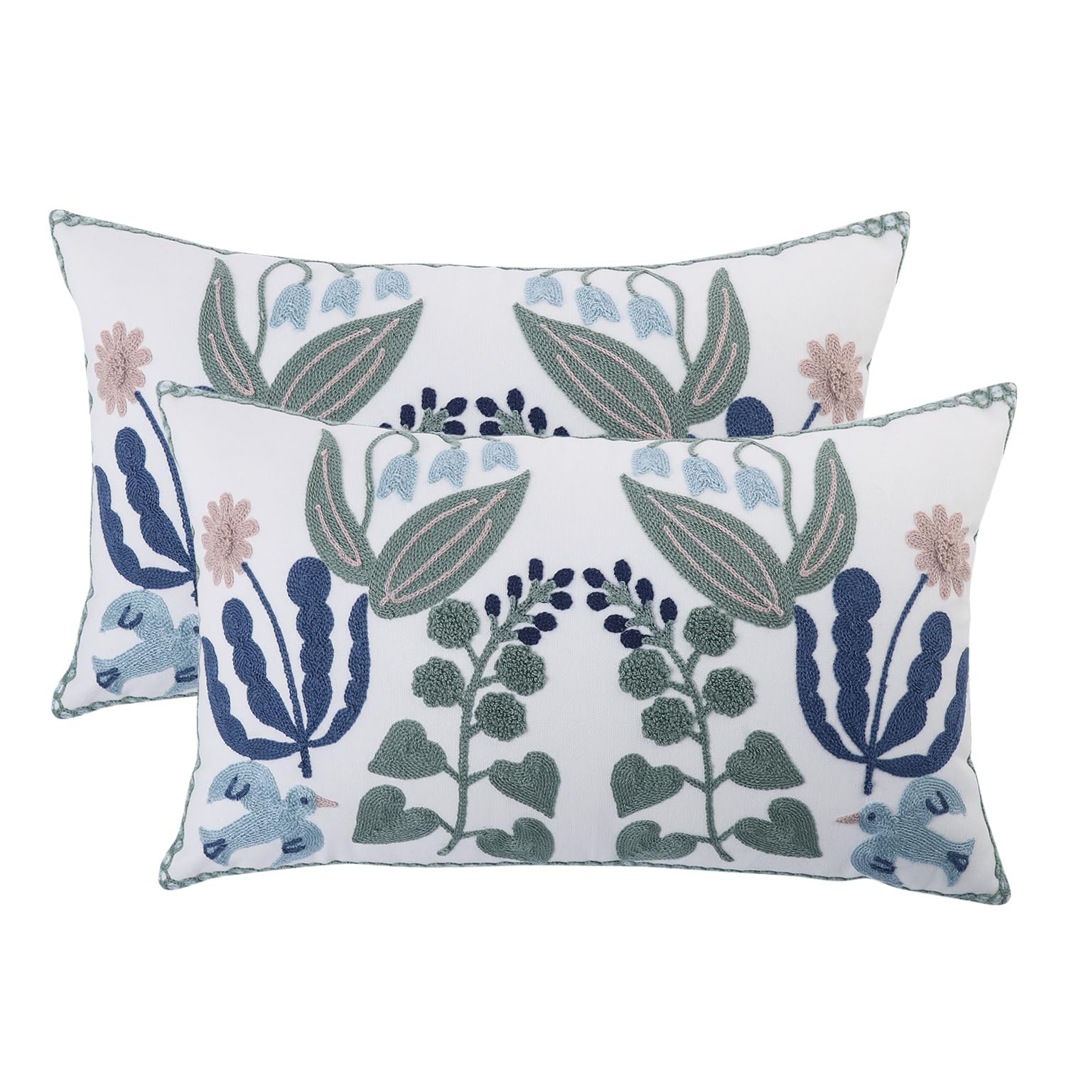 Tosleo Floral Throw Pillow Covers 12 x 20 inch Pack of 2 Green Leaves Blue Birds Embroidered Pillowcases Farmhouse Pillow Cushion Cases Home Decor Square Flower Pillow Case