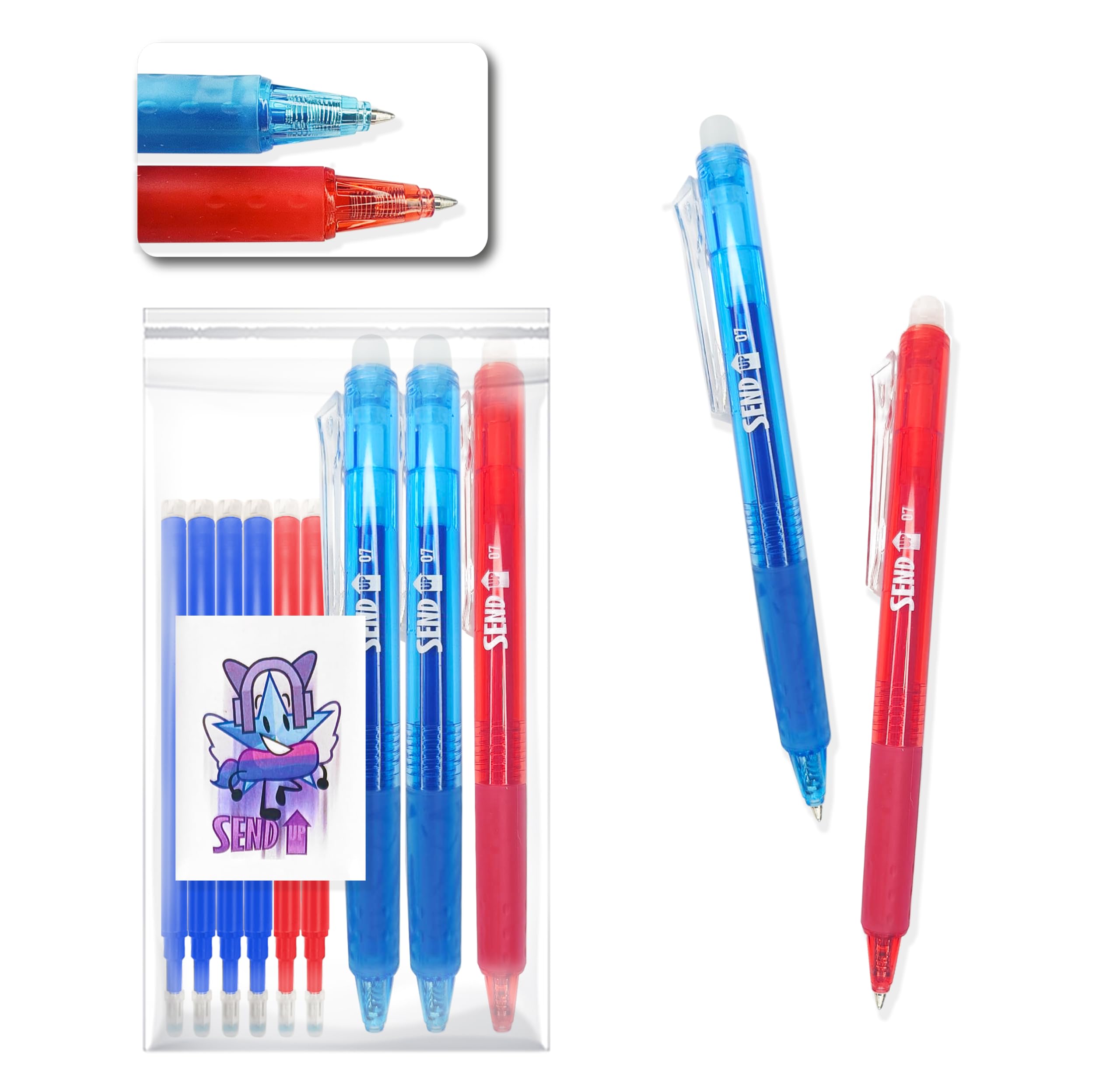 Set 9pz: 3 Bolígrafos + 6 Recambios Borrables (Mix Azul/Rojo) – 0,7mm – +20% Tinta – Compatible Pilot Frixion – Marcado Tela/Piel – Idea Regalo