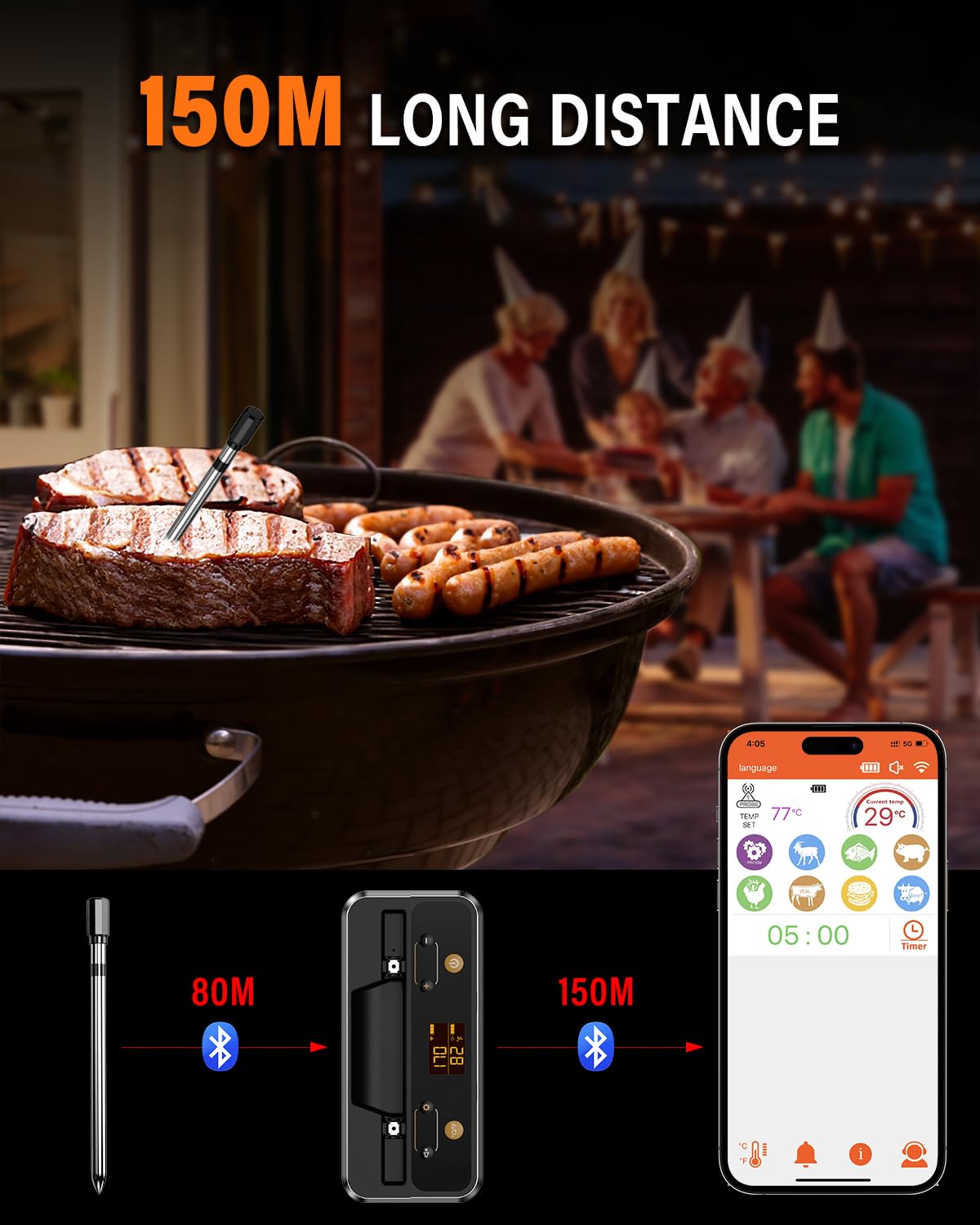 Termometro Cocina, Apkezel Termometro Digital Cocina Inalámbrico con Aplicación, IP67 a Prueba de Agua Meat Thermometer, Termometro Carne para BBQ, Horno, Grill, Cocina, Asador