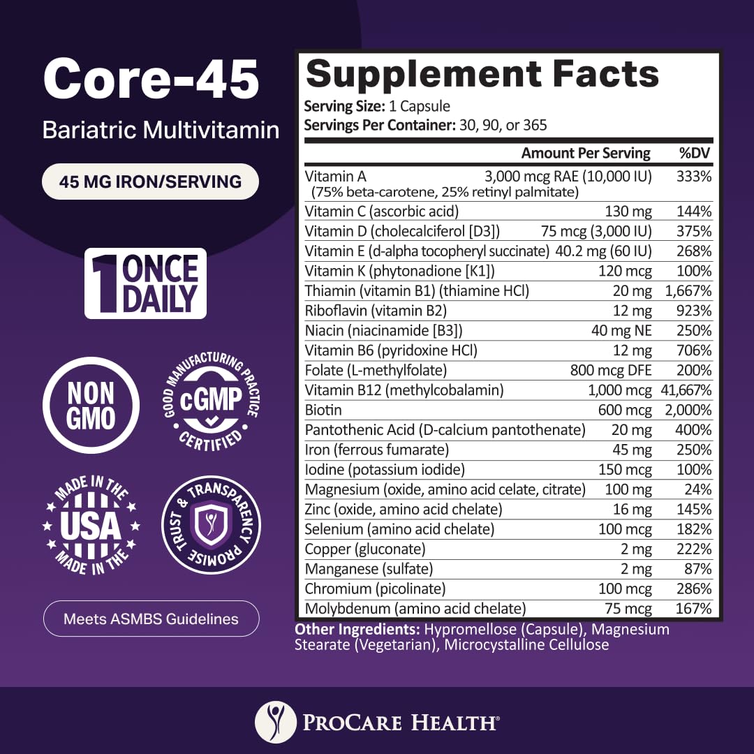 Core-45 Bariatric Multivitamin | 45mg Iron | Capsule | 30ct — Amazon image 2