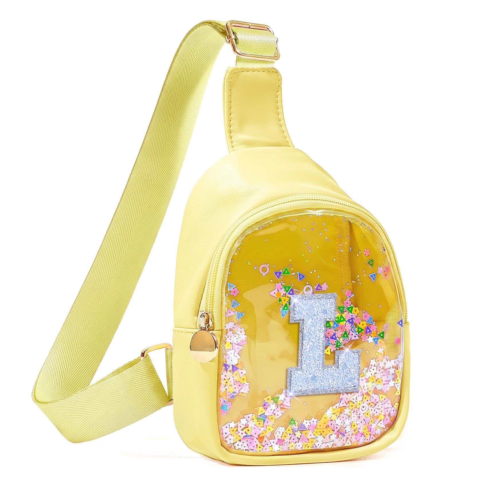 COSHAYSOO Personalized Christmas Birthday Gifts Burr Basket Stuffers for Girls Yellow Purse Sling Bag Crossbody Girl Cute Funny Cool Mini Travel Fashion Accessories Monogrammed Initial Letter L